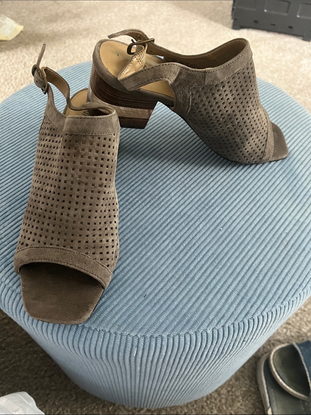 VANELI Women's Taupe Perforated Suede Block Heel Sandals